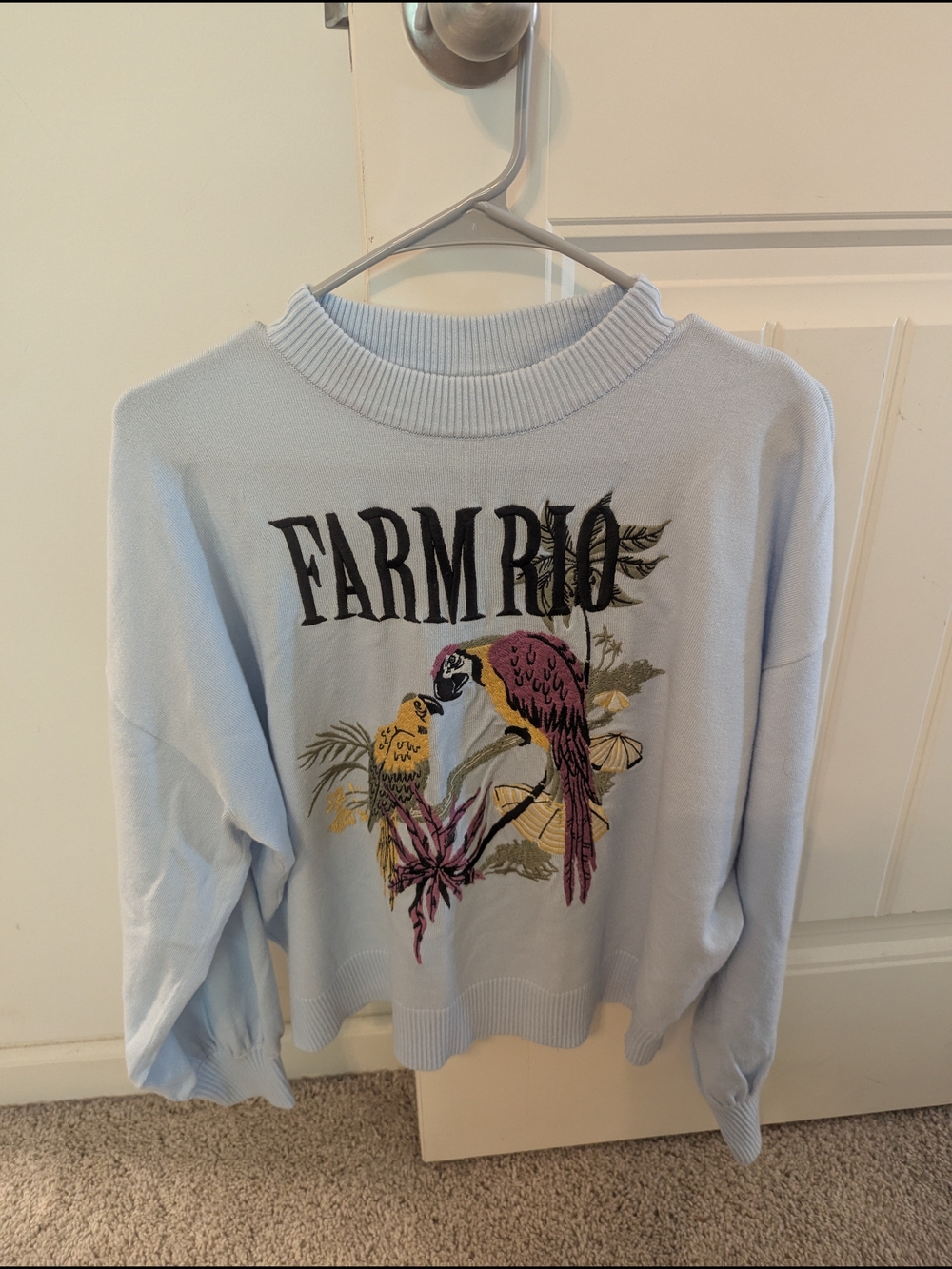 Farm Rio Light Blue Parrot Graphic Pet Bird Sweatshirt